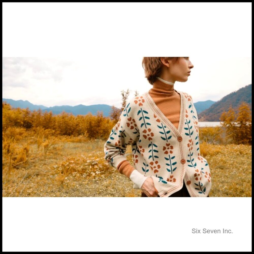 Floral Print V-Neck Cardigan Open Front Button Down Knit Sweater Long Sleeve - Picture 7 of 7